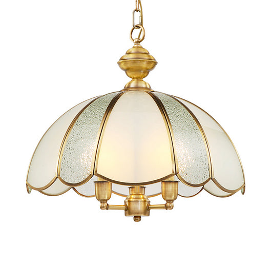 3 Bulbs Bowl Ceiling Chandelier Colonial Frosted Glass Suspended Lighting Fixture in Brass Clearhalo 'Ceiling Lights' 'Chandeliers' 'Glass shade' 'Glass' Lighting' 233478