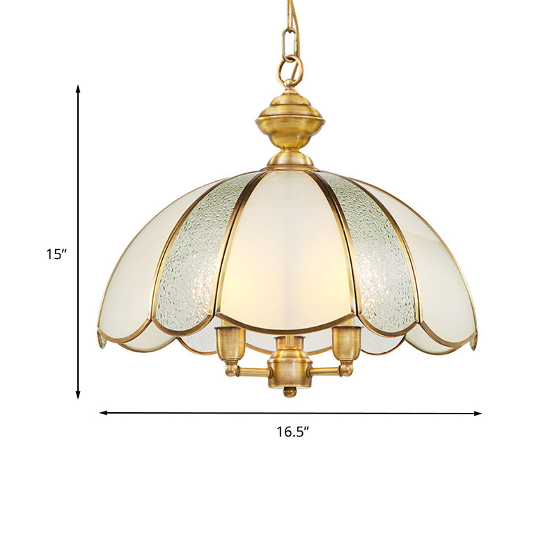 3 Bulbs Bowl Ceiling Chandelier Colonial Frosted Glass Suspended Lighting Fixture in Brass Clearhalo 'Ceiling Lights' 'Chandeliers' 'Glass shade' 'Glass' Lighting' 233479