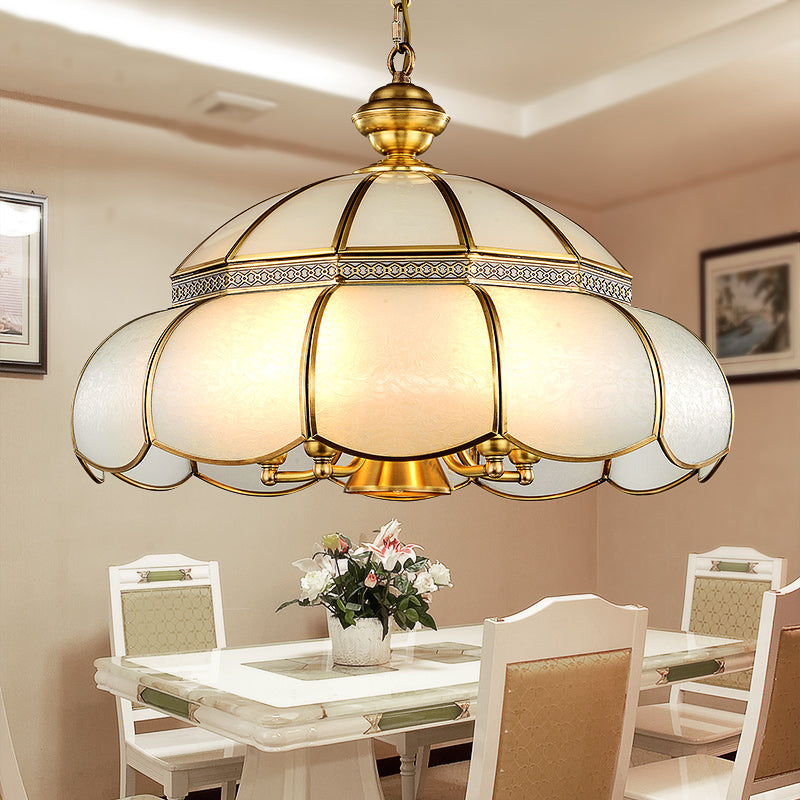 Traditional Hat Hanging Chandelier White Glass 5 Bulbs Suspension Light in Brass for Dining Room Brass Clearhalo 'Ceiling Lights' 'Chandeliers' 'Glass shade' 'Glass' Lighting' 233482