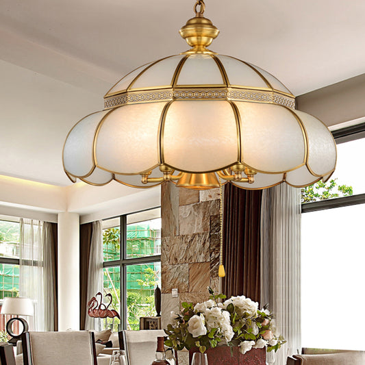 Traditional Hat Hanging Chandelier White Glass 5 Bulbs Suspension Light in Brass for Dining Room Clearhalo 'Ceiling Lights' 'Chandeliers' 'Glass shade' 'Glass' Lighting' 233483