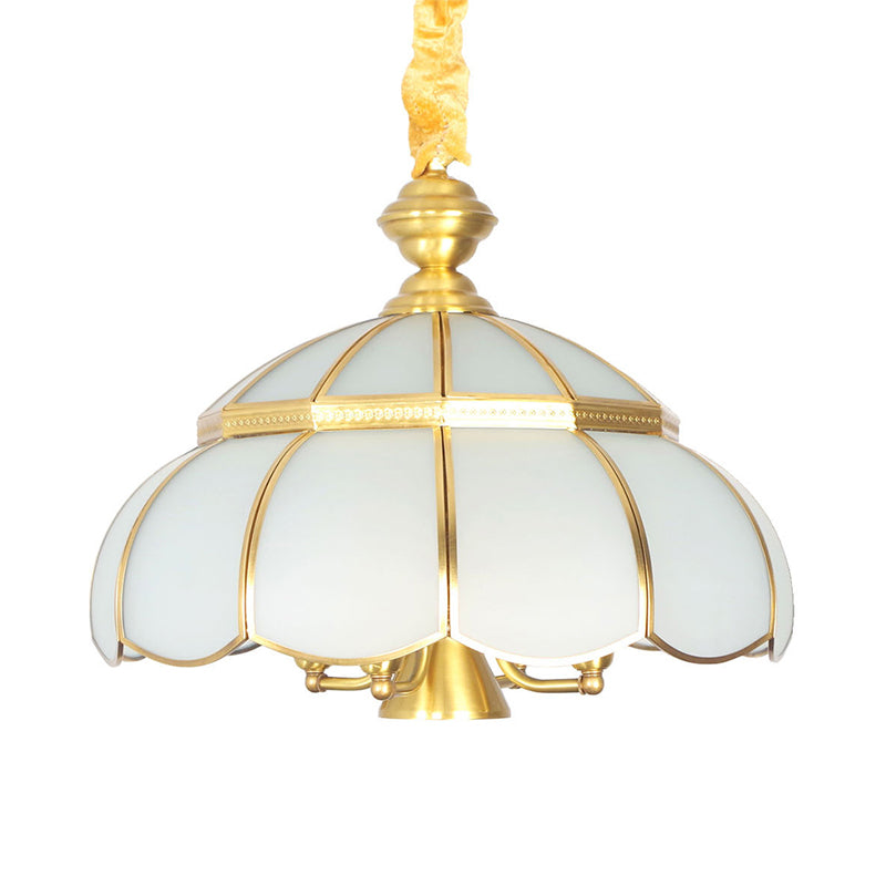 Traditional Hat Hanging Chandelier White Glass 5 Bulbs Suspension Light in Brass for Dining Room Clearhalo 'Ceiling Lights' 'Chandeliers' 'Glass shade' 'Glass' Lighting' 233484
