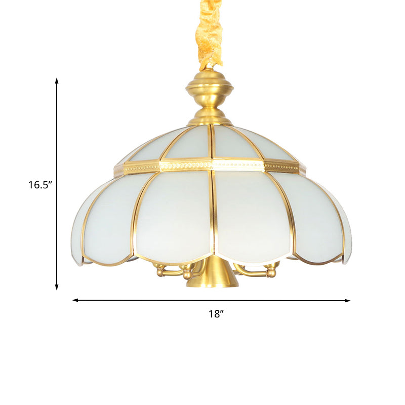 Traditional Hat Hanging Chandelier White Glass 5 Bulbs Suspension Light in Brass for Dining Room Clearhalo 'Ceiling Lights' 'Chandeliers' 'Glass shade' 'Glass' Lighting' 233485