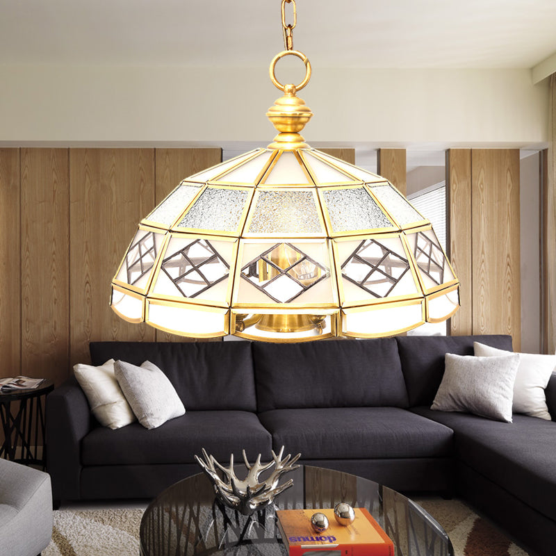 Brass Hemisphere Chandelier Colonial Frosted Glass 4 Bulbs Pendant Light Fixture for Living Room Clearhalo 'Ceiling Lights' 'Chandeliers' 'Glass shade' 'Glass' 'Pendant Lights' Lighting' 233488