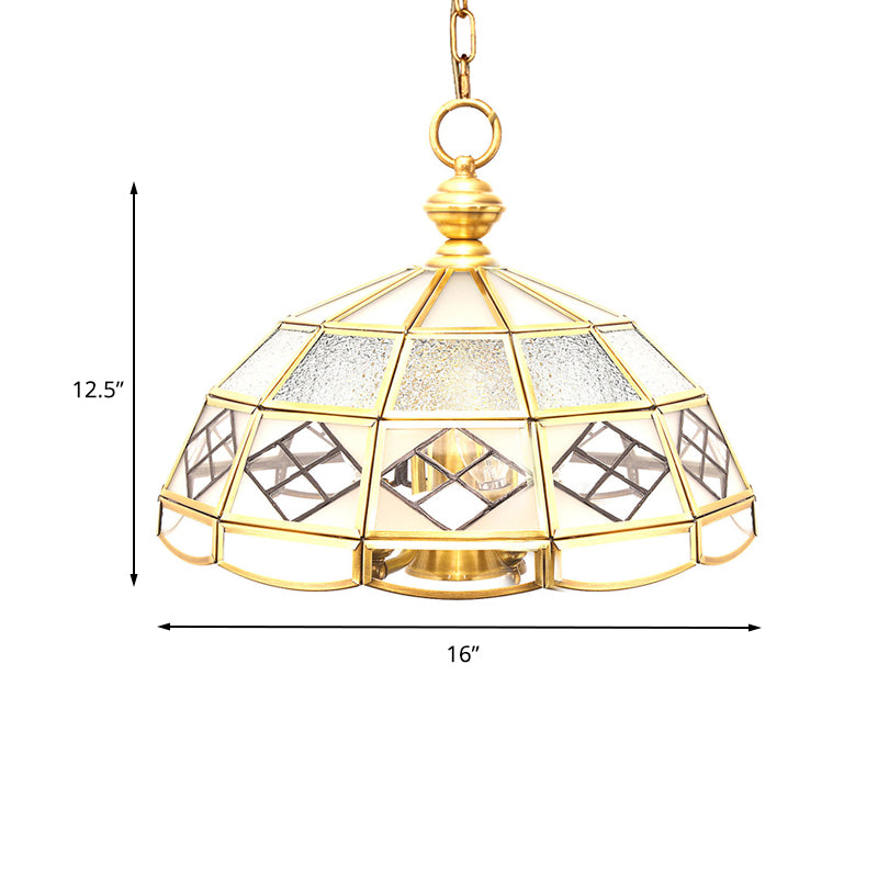 Brass Hemisphere Chandelier Colonial Frosted Glass 4 Bulbs Pendant Light Fixture for Living Room Clearhalo 'Ceiling Lights' 'Chandeliers' 'Glass shade' 'Glass' 'Pendant Lights' Lighting' 233490
