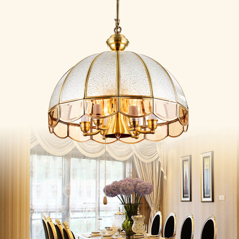 Dome Frosted Glass Hanging Chandelier Retro 6 Heads Brass Ceiling Pendant Light for Dining Room Clearhalo 'Ceiling Lights' 'Chandeliers' 'Glass shade' 'Glass' 'Pendant Lights' Lighting' 233513