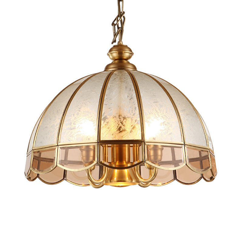 Dome Frosted Glass Hanging Chandelier Retro 6 Heads Brass Ceiling Pendant Light for Dining Room Clearhalo 'Ceiling Lights' 'Chandeliers' 'Glass shade' 'Glass' 'Pendant Lights' Lighting' 233514