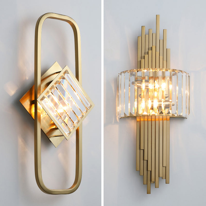 Quad Shaped Crystal Wall Light Post-Modern Gold Finish Wall Sconce Lighting for Stairs Clearhalo 'Cast Iron' 'Glass' 'Industrial' 'Modern wall lights' 'Modern' 'Tiffany' 'Traditional wall lights' 'Wall Lamps & Sconces' 'Wall Lights' Lighting' 2335780