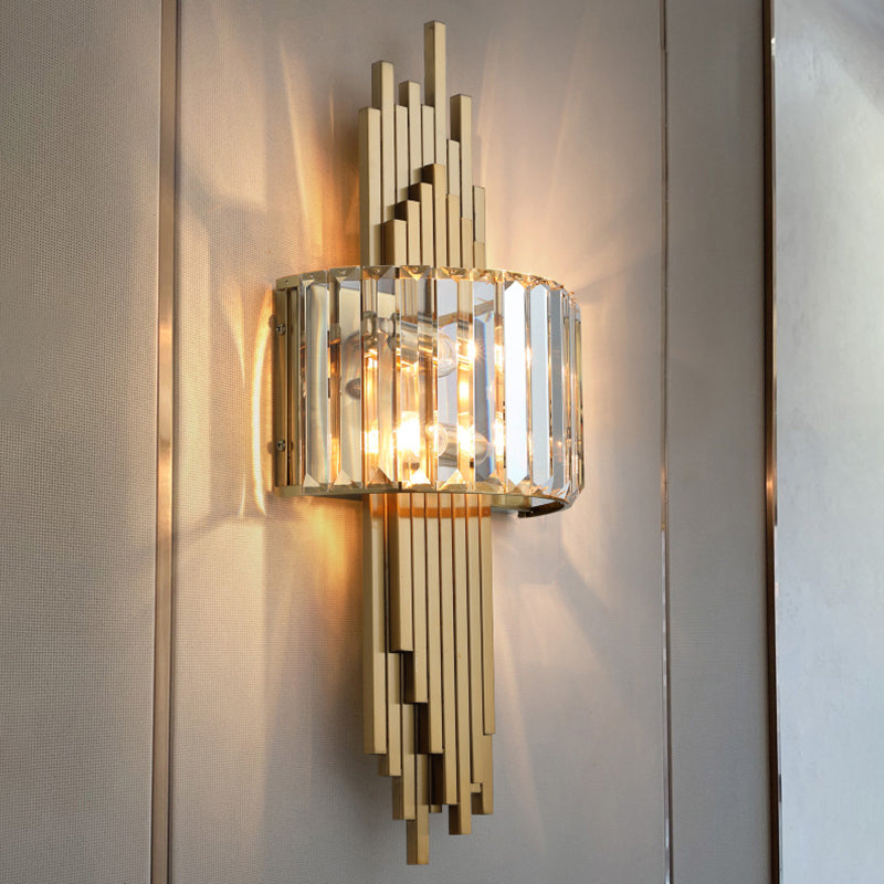 Quad Shaped Crystal Wall Light Post-Modern Gold Finish Wall Sconce Lighting for Stairs Clearhalo 'Cast Iron' 'Glass' 'Industrial' 'Modern wall lights' 'Modern' 'Tiffany' 'Traditional wall lights' 'Wall Lamps & Sconces' 'Wall Lights' Lighting' 2335783