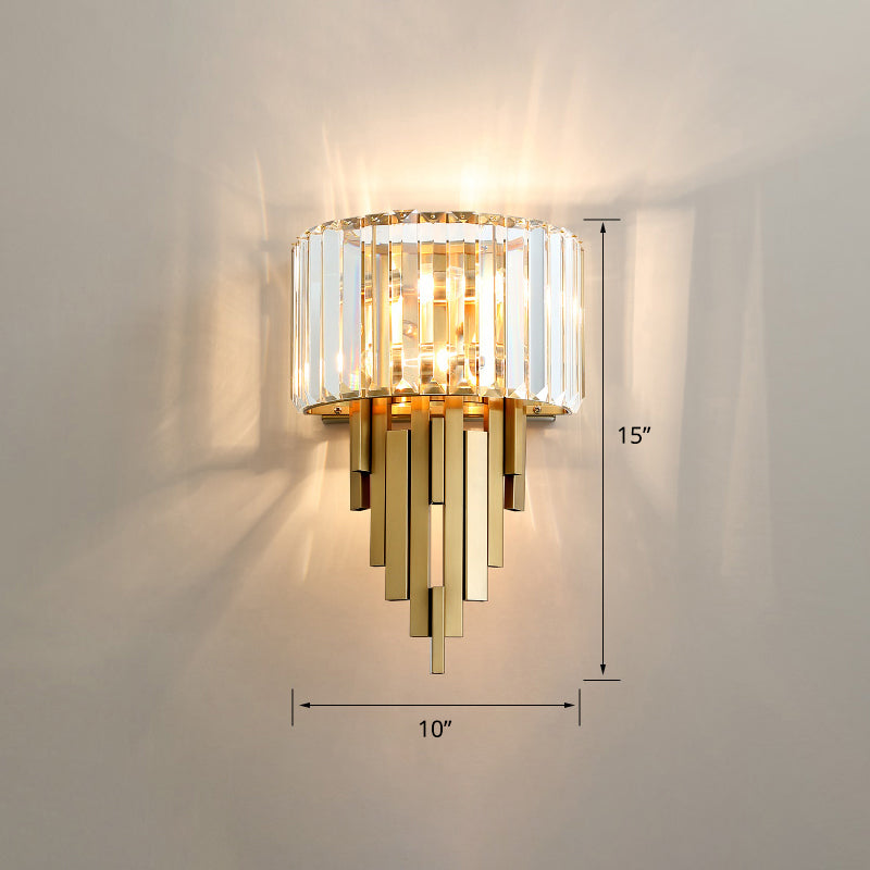 Quad Shaped Crystal Wall Light Post-Modern Gold Finish Wall Sconce Lighting for Stairs Gold Long Cone Clearhalo 'Cast Iron' 'Glass' 'Industrial' 'Modern wall lights' 'Modern' 'Tiffany' 'Traditional wall lights' 'Wall Lamps & Sconces' 'Wall Lights' Lighting' 2335790
