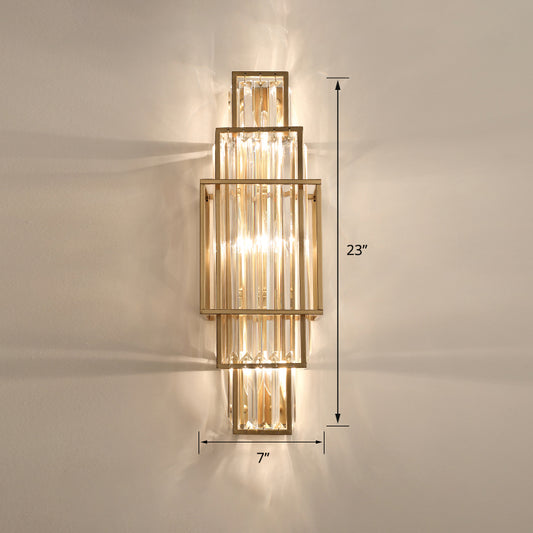 Quad Shaped Crystal Wall Light Post-Modern Gold Finish Wall Sconce Lighting for Stairs Gold Long Column Clearhalo 'Cast Iron' 'Glass' 'Industrial' 'Modern wall lights' 'Modern' 'Tiffany' 'Traditional wall lights' 'Wall Lamps & Sconces' 'Wall Lights' Lighting' 2335793
