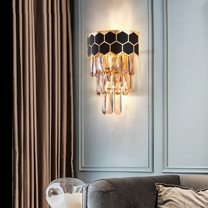 Tapered Flush Wall Sconce Minimalist Crystal 3 Bulbs Black Wall Lamp for Bedroom Black Hexagon Clearhalo 'Cast Iron' 'Glass' 'Industrial' 'Modern wall lights' 'Modern' 'Tiffany' 'Traditional wall lights' 'Wall Lamps & Sconces' 'Wall Lights' Lighting' 2335796