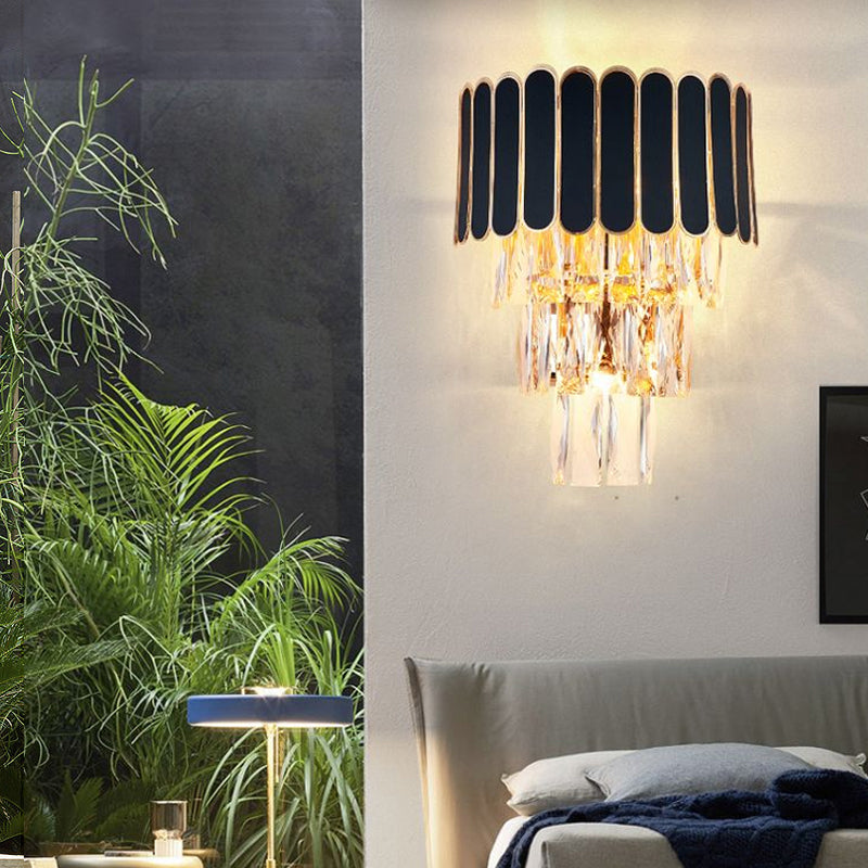 Tapered Flush Wall Sconce Minimalist Crystal 3 Bulbs Black Wall Lamp for Bedroom Black Runner Clearhalo 'Cast Iron' 'Glass' 'Industrial' 'Modern wall lights' 'Modern' 'Tiffany' 'Traditional wall lights' 'Wall Lamps & Sconces' 'Wall Lights' Lighting' 2335799