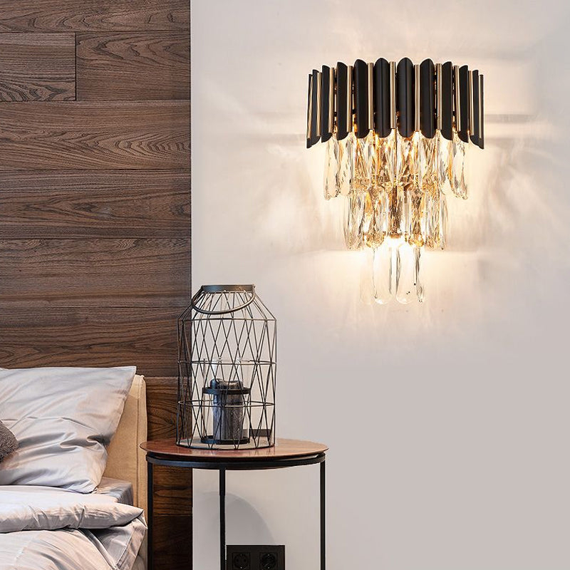 Tapered Flush Wall Sconce Minimalist Crystal 3 Bulbs Black Wall Lamp for Bedroom Black Stick Clearhalo 'Cast Iron' 'Glass' 'Industrial' 'Modern wall lights' 'Modern' 'Tiffany' 'Traditional wall lights' 'Wall Lamps & Sconces' 'Wall Lights' Lighting' 2335800