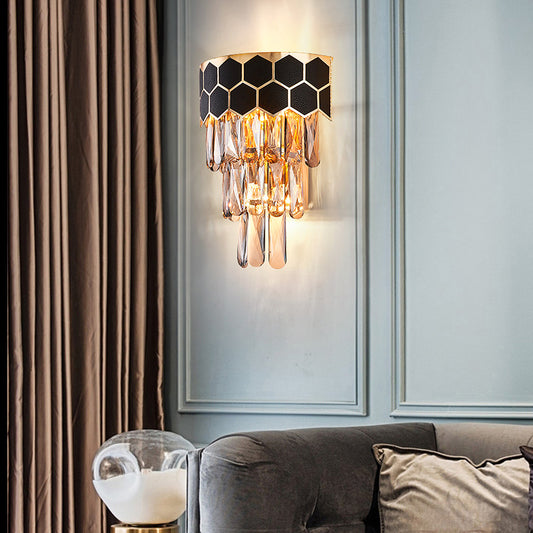 Tapered Flush Wall Sconce Minimalist Crystal 3 Bulbs Black Wall Lamp for Bedroom Clearhalo 'Cast Iron' 'Glass' 'Industrial' 'Modern wall lights' 'Modern' 'Tiffany' 'Traditional wall lights' 'Wall Lamps & Sconces' 'Wall Lights' Lighting' 2335801