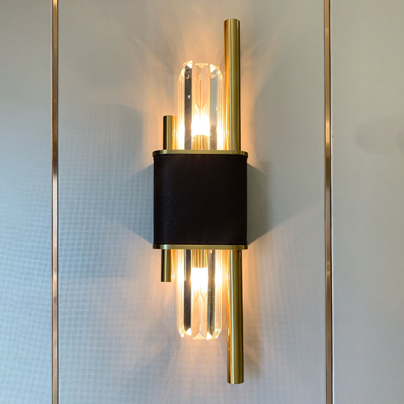 K9 Strip Crystal Wall Light Fixture Postmodern 2-Head Black-Brass Sconce Light for Living Room Clearhalo 'Cast Iron' 'Glass' 'Industrial' 'Modern wall lights' 'Modern' 'Tiffany' 'Traditional wall lights' 'Wall Lamps & Sconces' 'Wall Lights' Lighting' 2335804