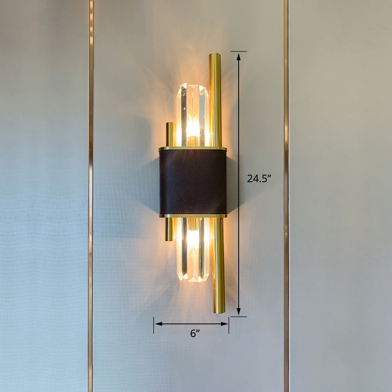 K9 Strip Crystal Wall Light Fixture Postmodern 2-Head Black-Brass Sconce Light for Living Room Clearhalo 'Cast Iron' 'Glass' 'Industrial' 'Modern wall lights' 'Modern' 'Tiffany' 'Traditional wall lights' 'Wall Lamps & Sconces' 'Wall Lights' Lighting' 2335806