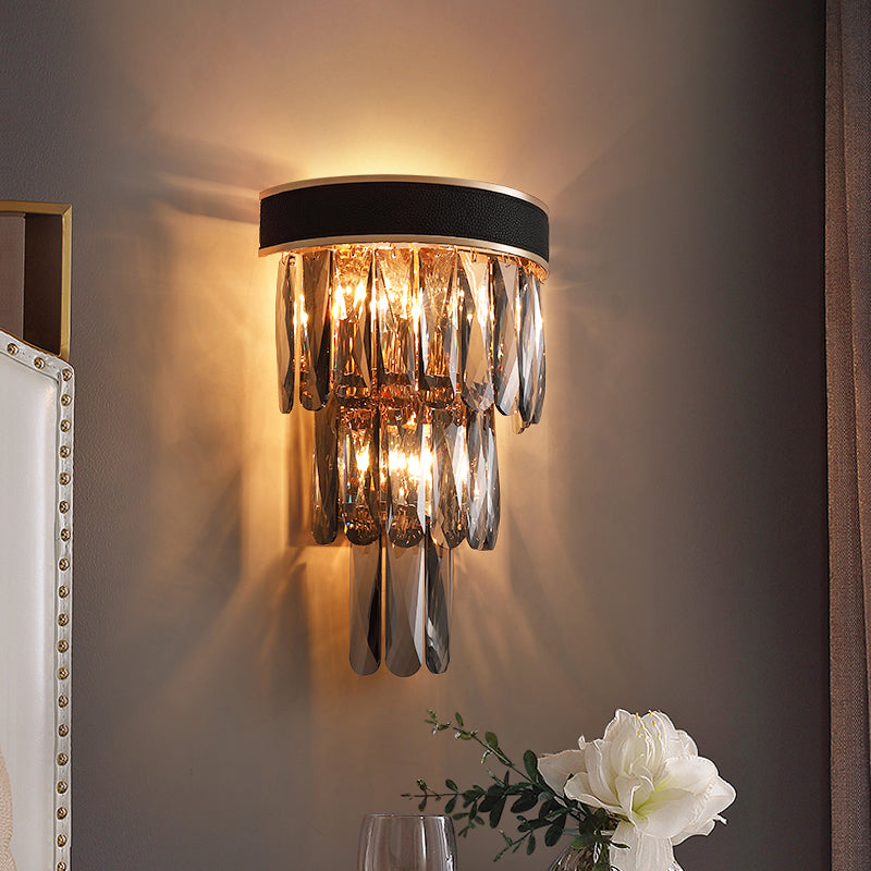 Minimalist 3-Bulb Flush Wall Sconce Black 3-Tier Wall Lighting with Crystal Shade Clearhalo 'Cast Iron' 'Glass' 'Industrial' 'Modern wall lights' 'Modern' 'Tiffany' 'Traditional wall lights' 'Wall Lamps & Sconces' 'Wall Lights' Lighting' 2335812