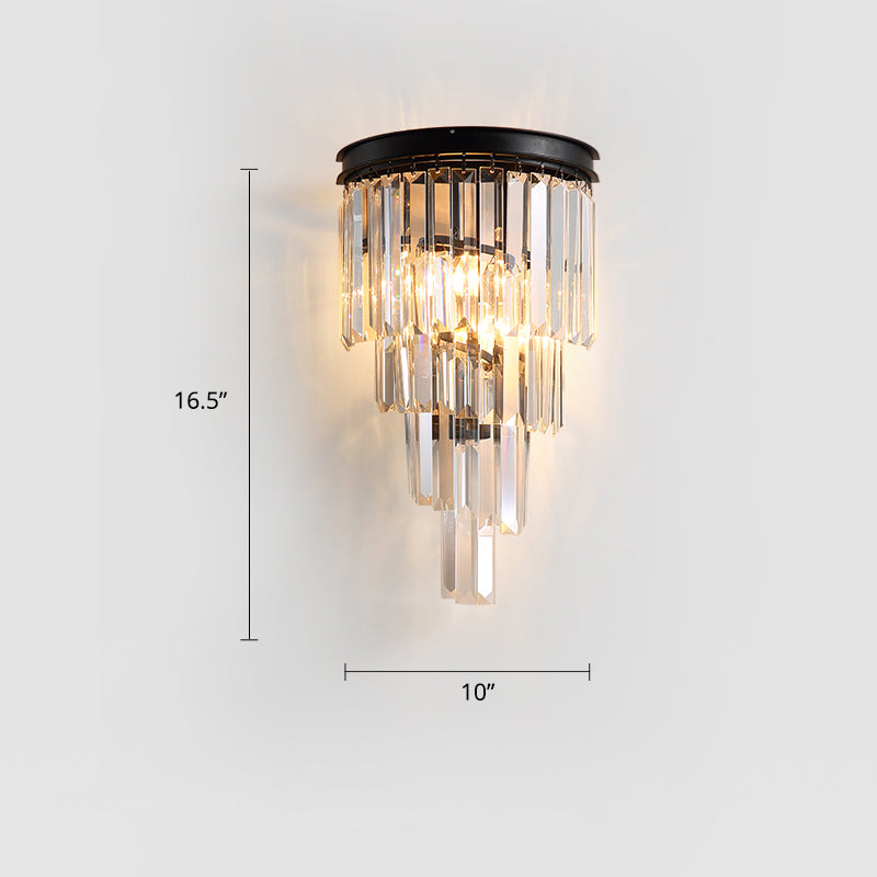 Tiered Bedside Wall Light Sconce Prismatic Crystal 2 Bulbs Modern Wall Lamp Fixture Black 16.5" Clearhalo 'Cast Iron' 'Glass' 'Industrial' 'Modern wall lights' 'Modern' 'Tiffany' 'Traditional wall lights' 'Wall Lamps & Sconces' 'Wall Lights' Lighting' 2335816