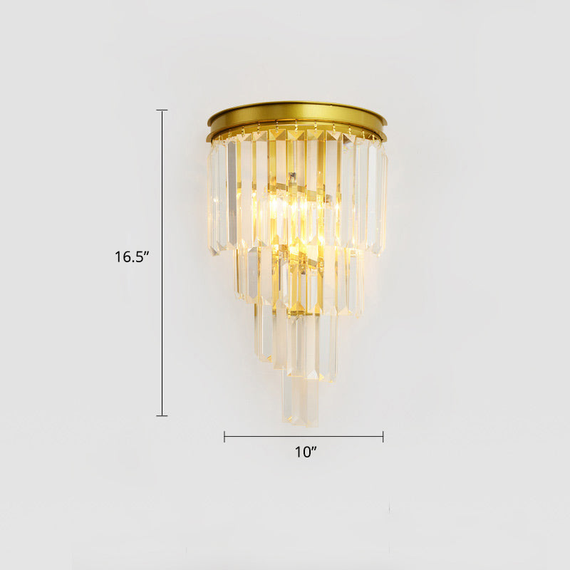 Tiered Bedside Wall Light Sconce Prismatic Crystal 2 Bulbs Modern Wall Lamp Fixture Gold 16.5" Clearhalo 'Cast Iron' 'Glass' 'Industrial' 'Modern wall lights' 'Modern' 'Tiffany' 'Traditional wall lights' 'Wall Lamps & Sconces' 'Wall Lights' Lighting' 2335819