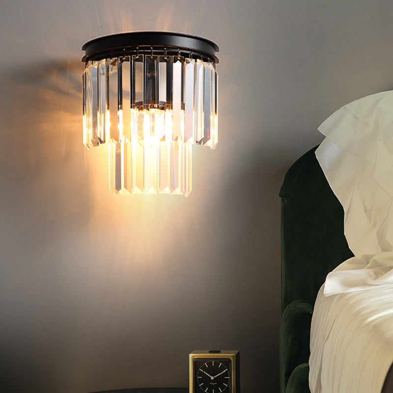 Tiered Bedside Wall Light Sconce Prismatic Crystal 2 Bulbs Modern Wall Lamp Fixture Clearhalo 'Cast Iron' 'Glass' 'Industrial' 'Modern wall lights' 'Modern' 'Tiffany' 'Traditional wall lights' 'Wall Lamps & Sconces' 'Wall Lights' Lighting' 2335820