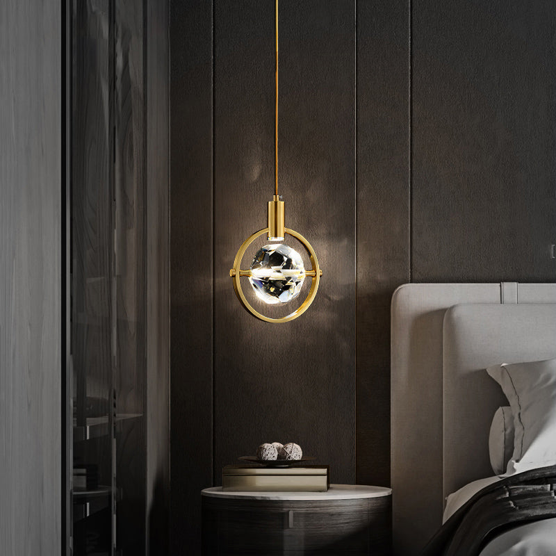 Beveled K9 Crystal Ball Hanging Lamp Minimalist Golden LED Suspension Light for Bedroom Clearhalo 'Ceiling Lights' 'Modern Pendants' 'Modern' 'Pendant Lights' 'Pendants' Lighting' 2335849