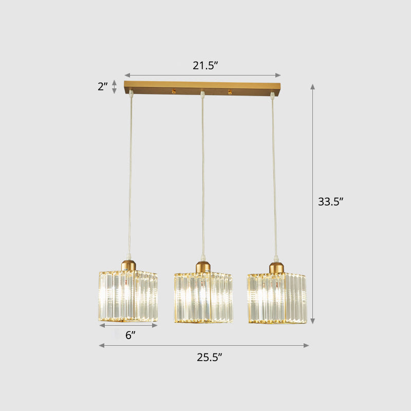 Prismatic Crystal Geometric Suspension Lighting Simplicity 3-Head Gold Pendant Lamp for Dining Room Gold 25.5" Square Plate Clearhalo 'Ceiling Lights' 'Modern Pendants' 'Modern' 'Pendant Lights' 'Pendants' Lighting' 2335859