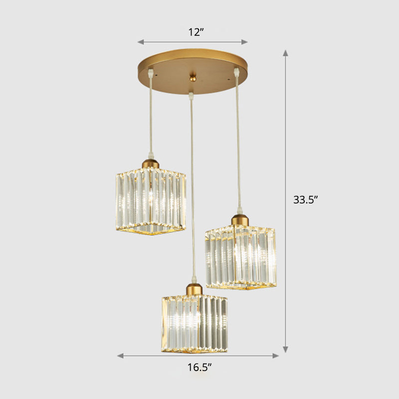 Prismatic Crystal Geometric Suspension Lighting Simplicity 3-Head Gold Pendant Lamp for Dining Room Gold 16.5" Square Plate Clearhalo 'Ceiling Lights' 'Modern Pendants' 'Modern' 'Pendant Lights' 'Pendants' Lighting' 2335864