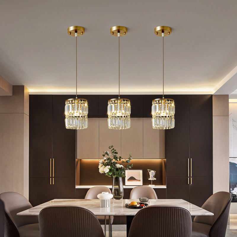 Dining Room Pendulum Light Modern Gold Drop Pendant with Cylinder Prismatic Crystal Shade Clearhalo 'Ceiling Lights' 'Modern Pendants' 'Modern' 'Pendant Lights' 'Pendants' Lighting' 2335875