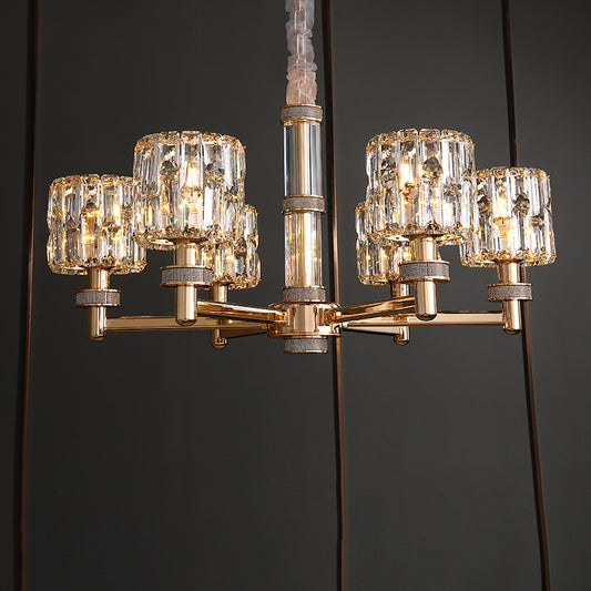 Crystal Cylinder Hanging Light Fixture Minimalistic Gold Ceiling Chandelier for Dining Room 6 Gold Clearhalo 'Ceiling Lights' 'Chandeliers' 'Modern Chandeliers' 'Modern' Lighting' 2335912