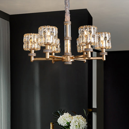Crystal Cylinder Hanging Light Fixture Minimalistic Gold Ceiling Chandelier for Dining Room Clearhalo 'Ceiling Lights' 'Chandeliers' 'Modern Chandeliers' 'Modern' Lighting' 2335913