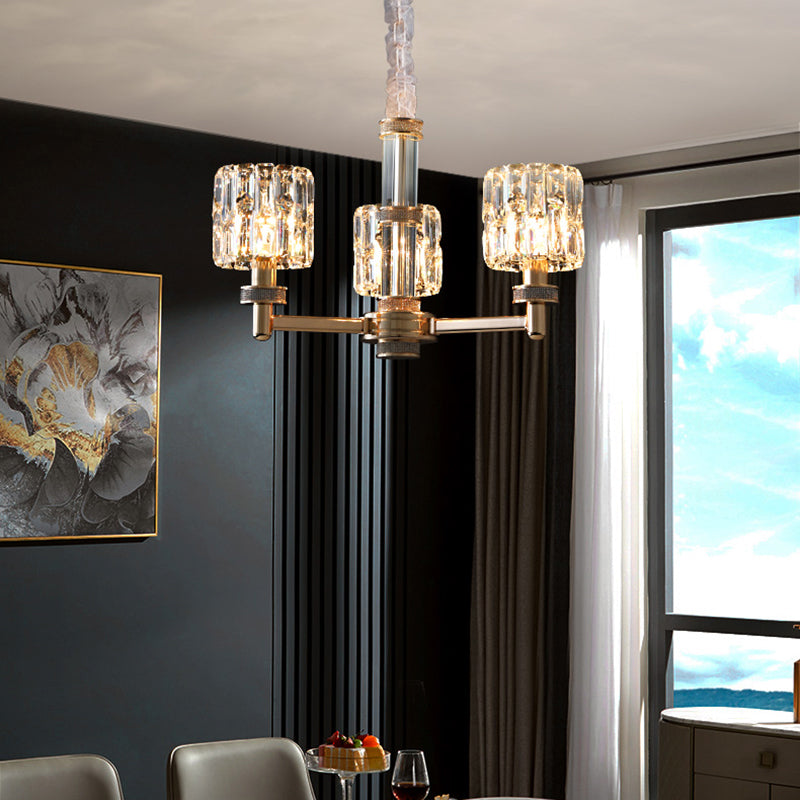 Crystal Cylinder Hanging Light Fixture Minimalistic Gold Ceiling Chandelier for Dining Room 3 Gold Clearhalo 'Ceiling Lights' 'Chandeliers' 'Modern Chandeliers' 'Modern' Lighting' 2335914