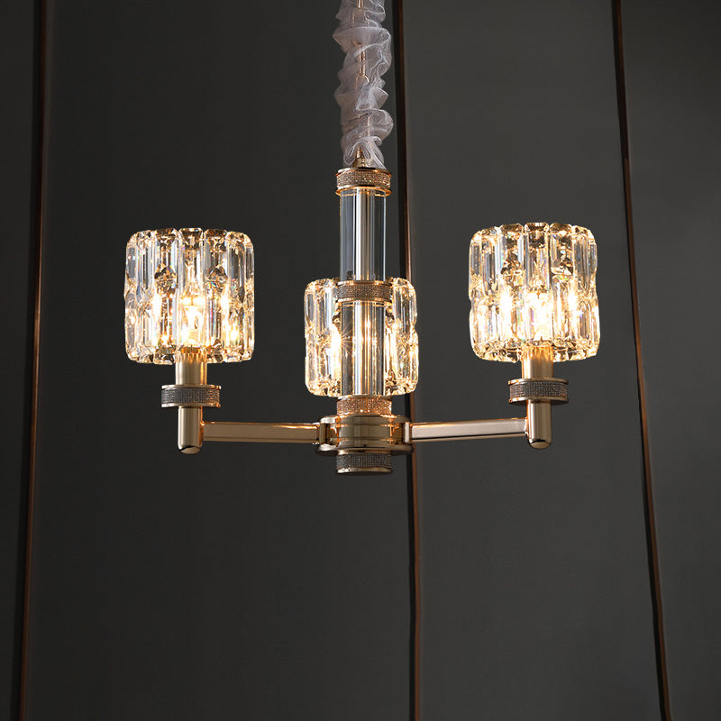 Crystal Cylinder Hanging Light Fixture Minimalistic Gold Ceiling Chandelier for Dining Room Clearhalo 'Ceiling Lights' 'Chandeliers' 'Modern Chandeliers' 'Modern' Lighting' 2335915