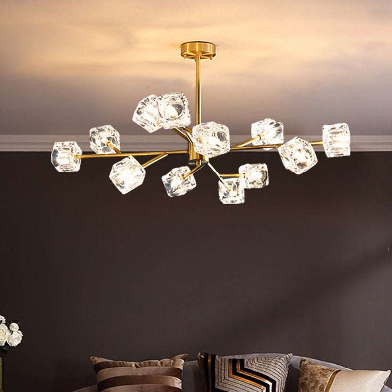 Crystal Cube Pendant Lighting Minimalist Gold Finish Chandelier with Branch Design Clearhalo 'Ceiling Lights' 'Chandeliers' 'Modern Chandeliers' 'Modern' Lighting' 2335922