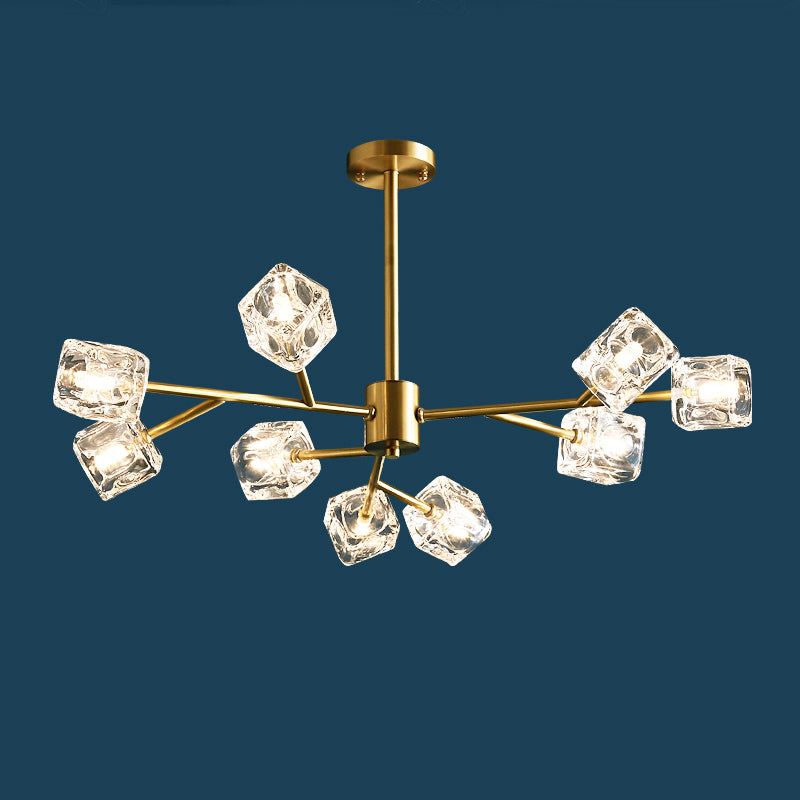 Crystal Cube Pendant Lighting Minimalist Gold Finish Chandelier with Branch Design 9 Gold Clearhalo 'Ceiling Lights' 'Chandeliers' 'Modern Chandeliers' 'Modern' Lighting' 2335924