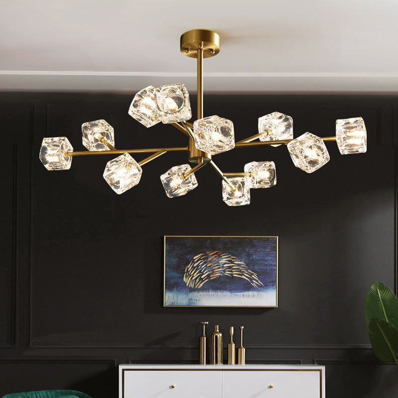 Crystal Cube Pendant Lighting Minimalist Gold Finish Chandelier with Branch Design Clearhalo 'Ceiling Lights' 'Chandeliers' 'Modern Chandeliers' 'Modern' Lighting' 2335925