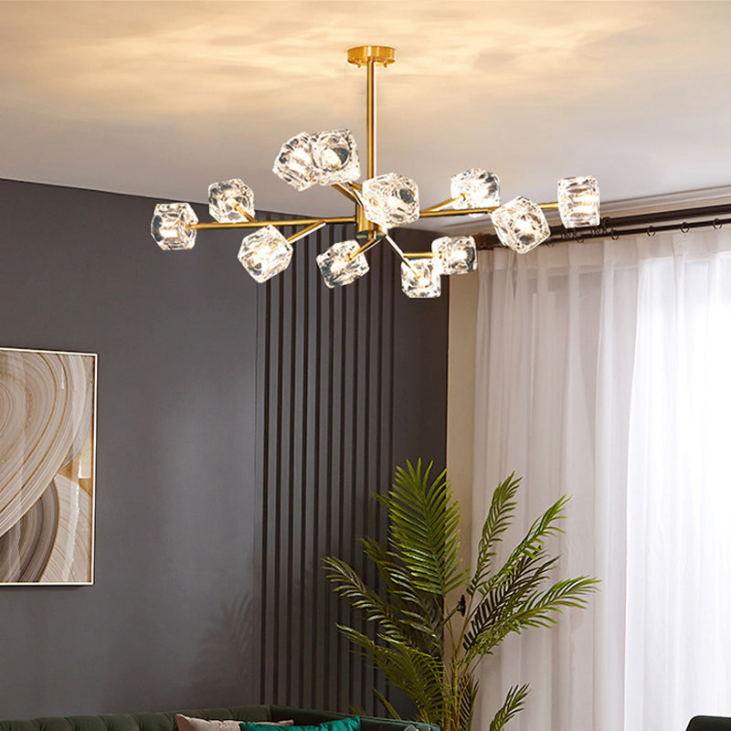 Crystal Cube Pendant Lighting Minimalist Gold Finish Chandelier with Branch Design Clearhalo 'Ceiling Lights' 'Chandeliers' 'Modern Chandeliers' 'Modern' Lighting' 2335927