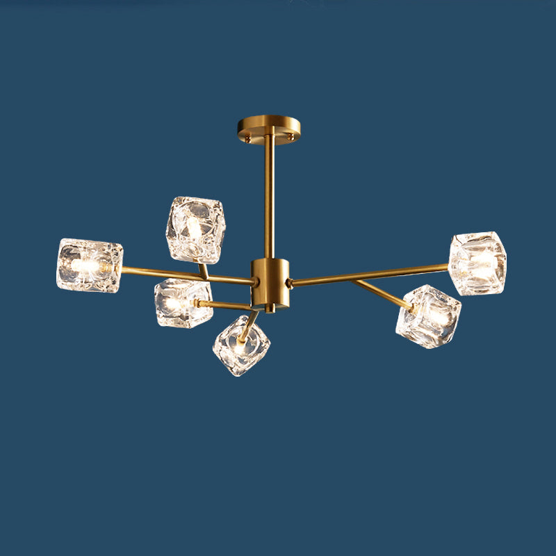 Crystal Cube Pendant Lighting Minimalist Gold Finish Chandelier with Branch Design 6 Gold Clearhalo 'Ceiling Lights' 'Chandeliers' 'Modern Chandeliers' 'Modern' Lighting' 2335928
