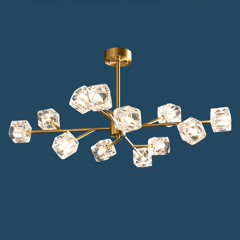 Crystal Cube Pendant Lighting Minimalist Gold Finish Chandelier with Branch Design 12 Gold Clearhalo 'Ceiling Lights' 'Chandeliers' 'Modern Chandeliers' 'Modern' Lighting' 2335929