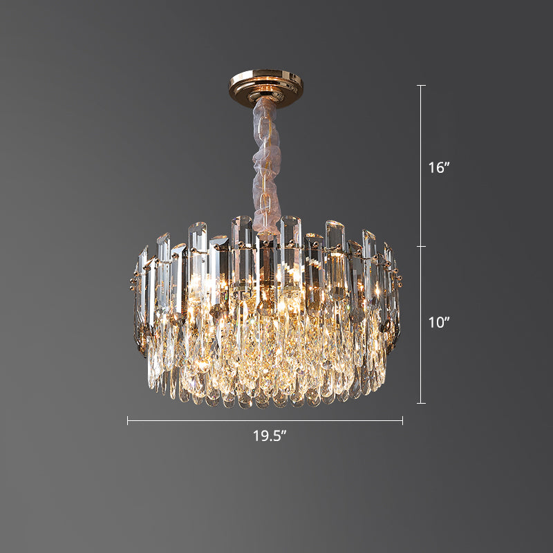 Clear Crystal Drum Pendant Lamp Modern Style Chandelier Light Fixture for Dining Room Clear 19.5" Clearhalo 'Ceiling Lights' 'Chandeliers' 'Clear' 'Industrial' 'Modern Chandeliers' 'Modern' 'Tiffany' 'Traditional Chandeliers' Lighting' 2335968
