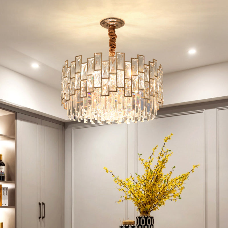 Drum Clear K9 Crystal Chandelier Modernist Suspension Light Fixture for Dining Room Clearhalo 'Ceiling Lights' 'Chandeliers' 'Clear' 'Industrial' 'Modern Chandeliers' 'Modern' 'Tiffany' 'Traditional Chandeliers' Lighting' 2335990