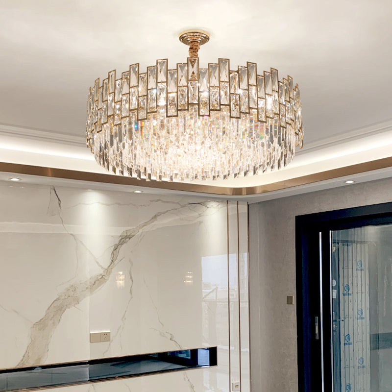 Drum Clear K9 Crystal Chandelier Modernist Suspension Light Fixture for Dining Room Clearhalo 'Ceiling Lights' 'Chandeliers' 'Clear' 'Industrial' 'Modern Chandeliers' 'Modern' 'Tiffany' 'Traditional Chandeliers' Lighting' 2335991