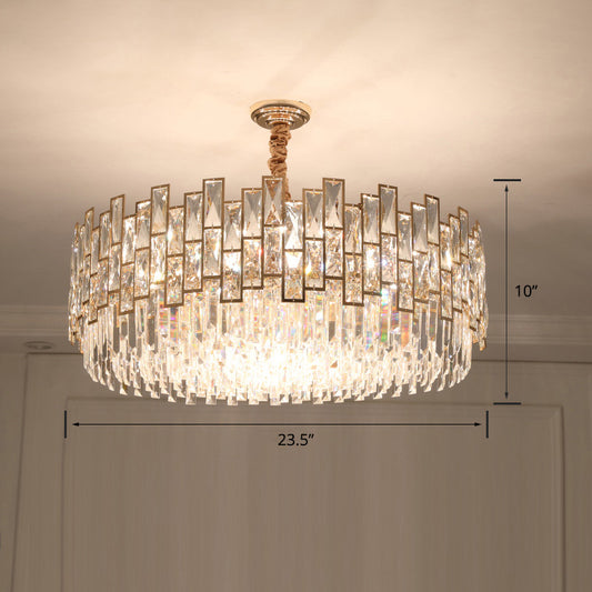 Drum Clear K9 Crystal Chandelier Modernist Suspension Light Fixture for Dining Room Clear 23.5" Clearhalo 'Ceiling Lights' 'Chandeliers' 'Clear' 'Industrial' 'Modern Chandeliers' 'Modern' 'Tiffany' 'Traditional Chandeliers' Lighting' 2335992