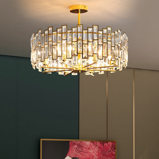 Modern Drum Pendant Lamp Tri-Sided Crystal Rods Bedroom Chandelier Light in Gold Clearhalo 'Ceiling Lights' 'Chandeliers' 'Modern Chandeliers' 'Modern' Lighting' 2335998