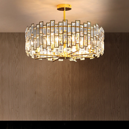 Modern Drum Pendant Lamp Tri-Sided Crystal Rods Bedroom Chandelier Light in Gold Clearhalo 'Ceiling Lights' 'Chandeliers' 'Modern Chandeliers' 'Modern' Lighting' 2336000