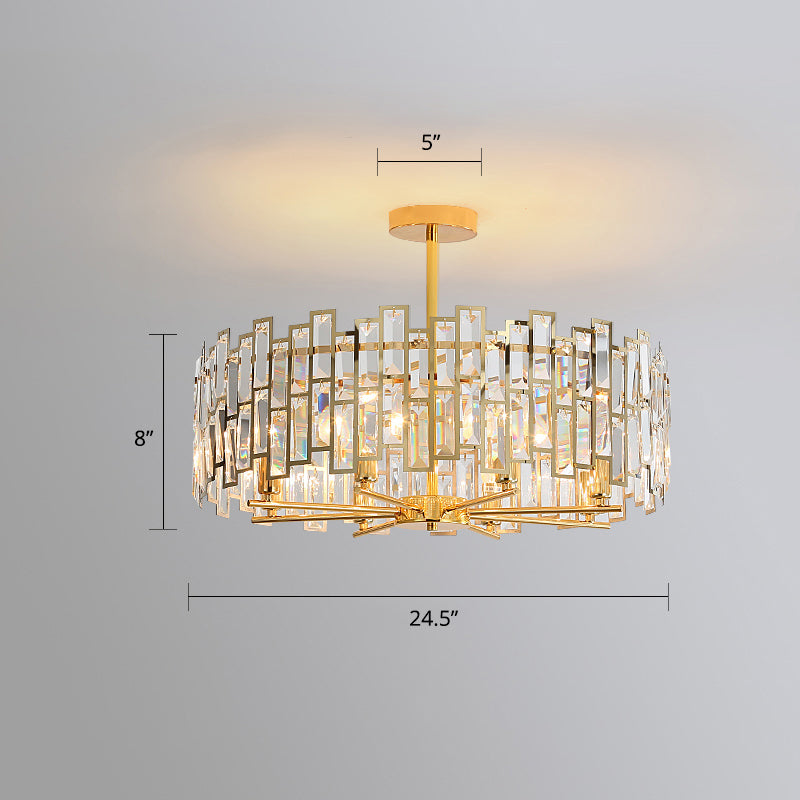 Modern Drum Pendant Lamp Tri-Sided Crystal Rods Bedroom Chandelier Light in Gold Gold 24.5" Clearhalo 'Ceiling Lights' 'Chandeliers' 'Modern Chandeliers' 'Modern' Lighting' 2336001
