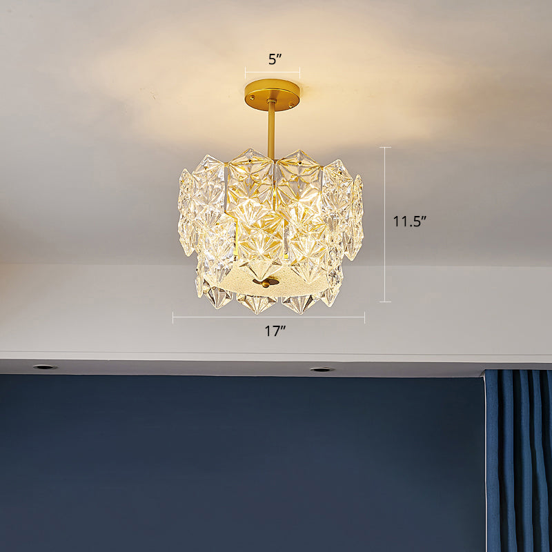 Living Room Ceiling Suspension Lamp Minimalist Gold Chandelier with Hexagonal Crystal Shade Gold 17" Clearhalo 'Ceiling Lights' 'Chandeliers' 'Modern Chandeliers' 'Modern' Lighting' 2336022