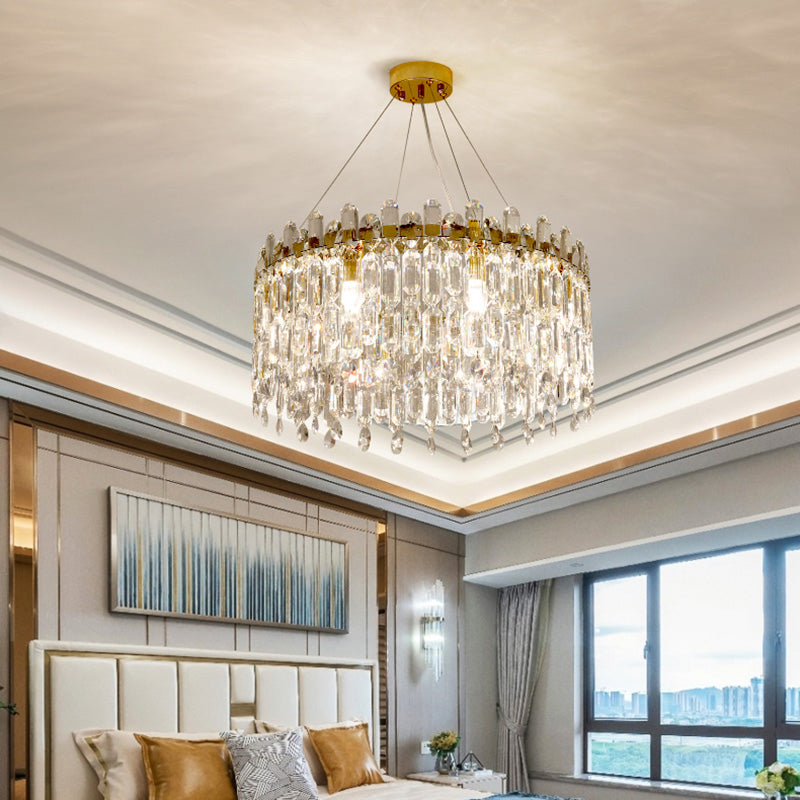 Drum Crystal Suspension Lighting Modern Clear Chandelier Light Fixture for Bedroom Clearhalo 'Ceiling Lights' 'Chandeliers' 'Clear' 'Industrial' 'Modern Chandeliers' 'Modern' 'Tiffany' 'Traditional Chandeliers' Lighting' 2336034