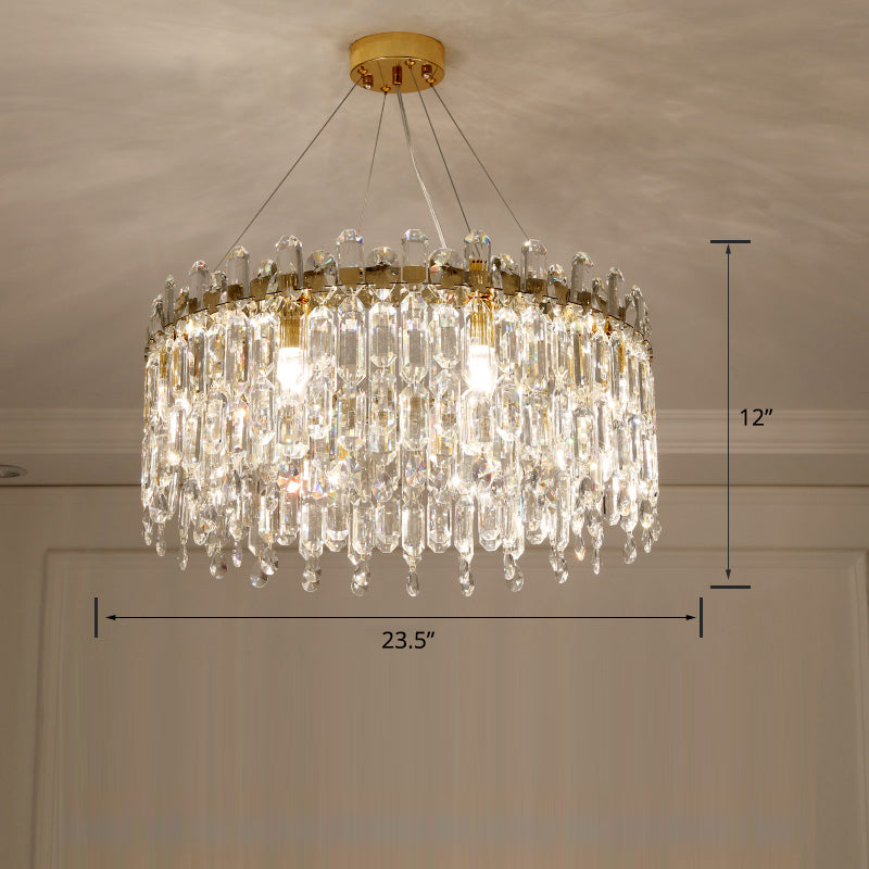 Drum Crystal Suspension Lighting Modern Clear Chandelier Light Fixture for Bedroom Clear 23.5" Clearhalo 'Ceiling Lights' 'Chandeliers' 'Clear' 'Industrial' 'Modern Chandeliers' 'Modern' 'Tiffany' 'Traditional Chandeliers' Lighting' 2336035
