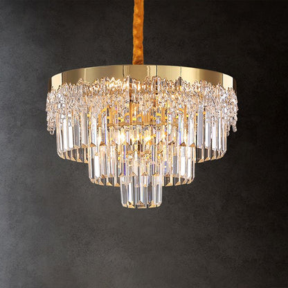 Minimalist 3-Layer Chandelier Crystal Rod Bedroom Suspended Lighting Fixture in Gold Gold Clearhalo 'Ceiling Lights' 'Chandeliers' 'Modern Chandeliers' 'Modern' Lighting' 2336038
