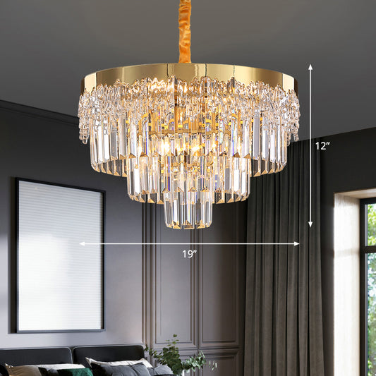 Minimalist 3-Layer Chandelier Crystal Rod Bedroom Suspended Lighting Fixture in Gold Clearhalo 'Ceiling Lights' 'Chandeliers' 'Modern Chandeliers' 'Modern' Lighting' 2336041